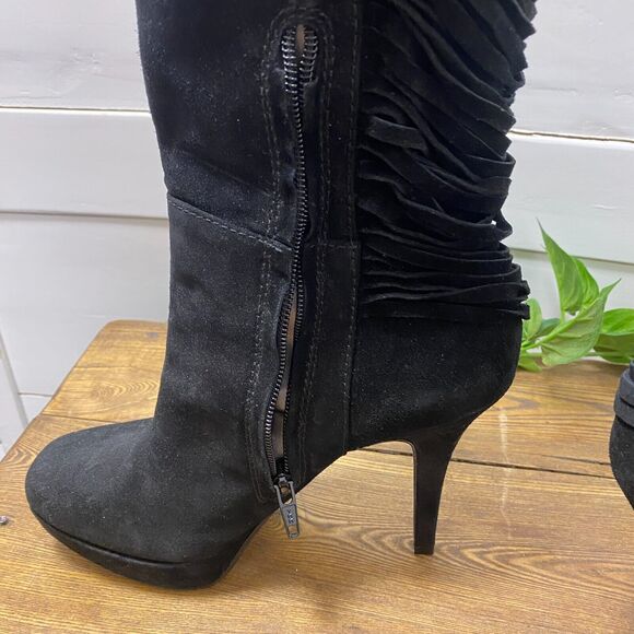 Nine West Over The Knee BLACK SUEDE Leather Fringe Stiletto Heels Boots 7 1/2 - Picture 8 of 16